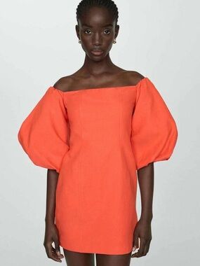 Mango Coral Off-Shoulder Puff Sleeve Mini Dress